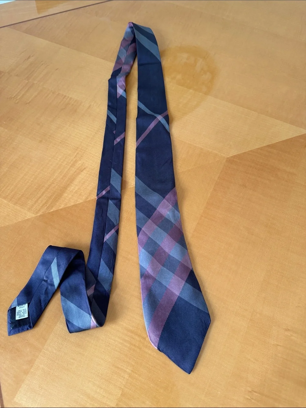 Burberry Navy Plaid Silk Tie with Blue and Purple Accents